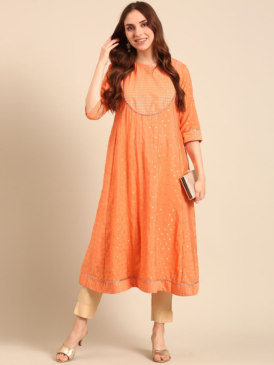 

Anouk Peach Floral Woven Design Zari Pure Cotton Kurta