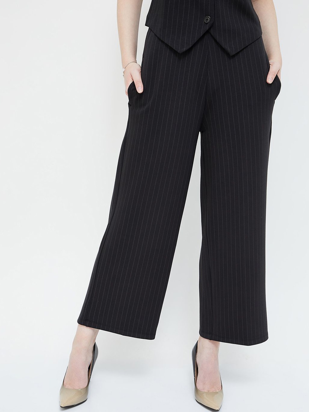 

CODE by Lifestyle Women Striped Flat-Front Trousers, Black