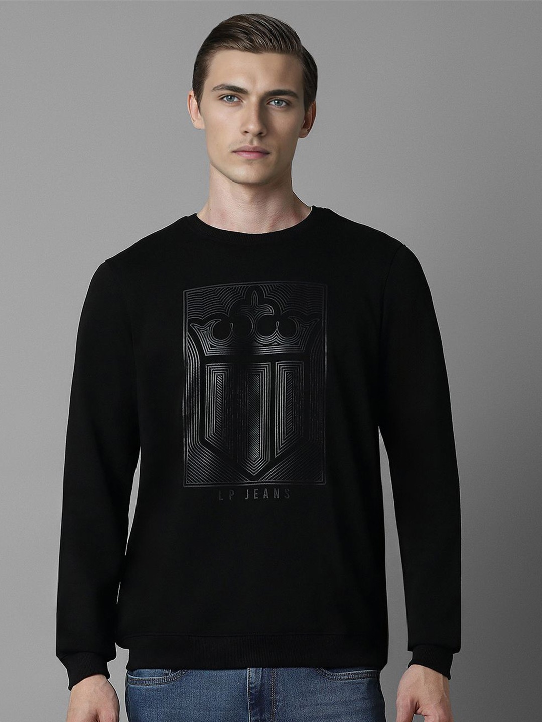 

Louis Philippe Jeans Men Graphic Printed Pure Cotton Sweatshirt, Black