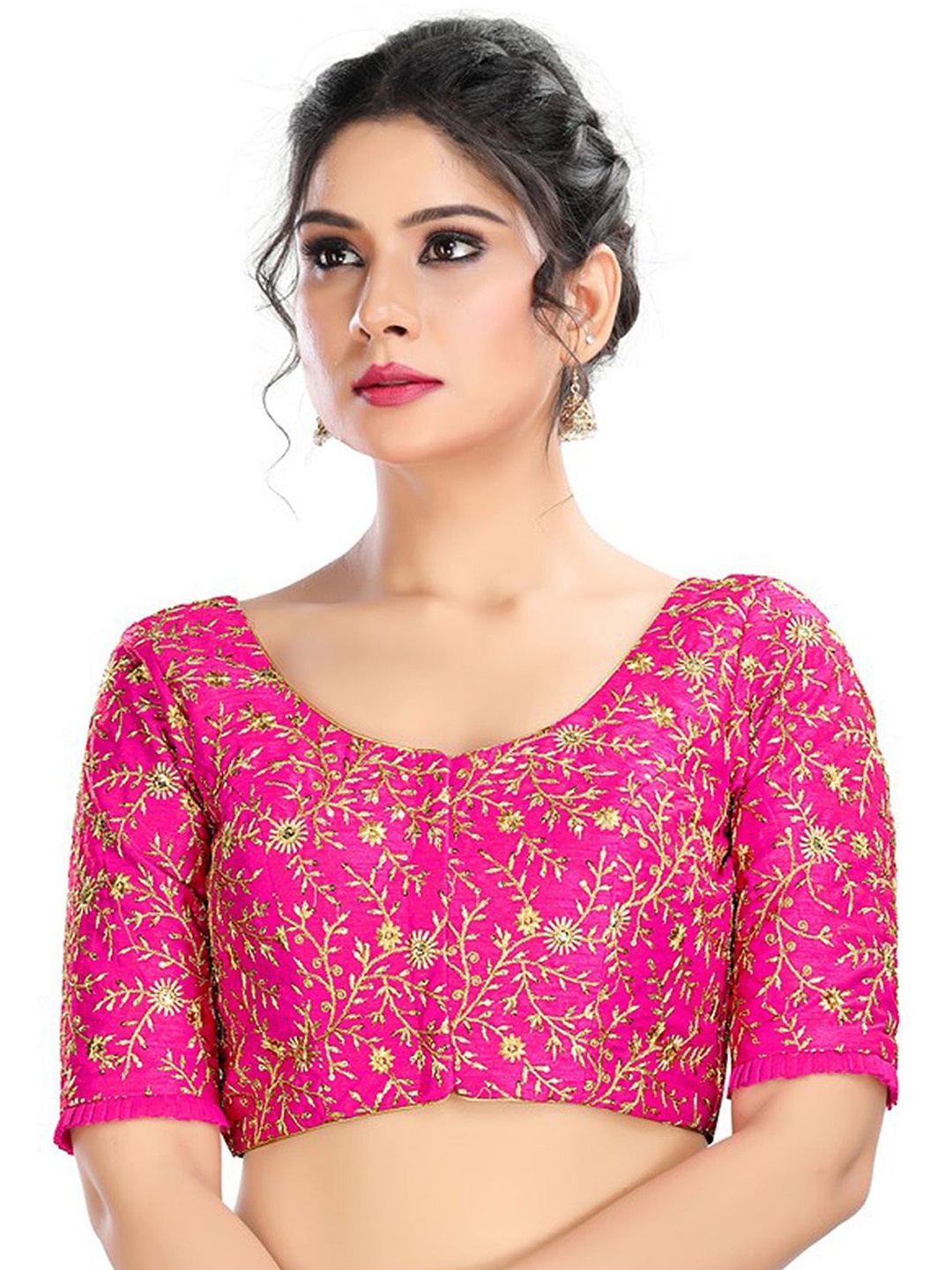 

Mmore Embroidered Padded Saree Blouse, Pink