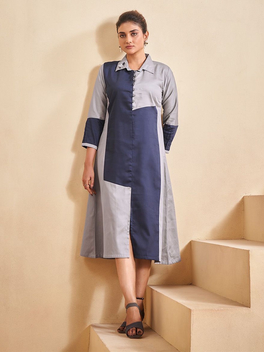 

Kaftanize Colourblocked Shirt Collar Cotton A-Line Midi Dress, Blue