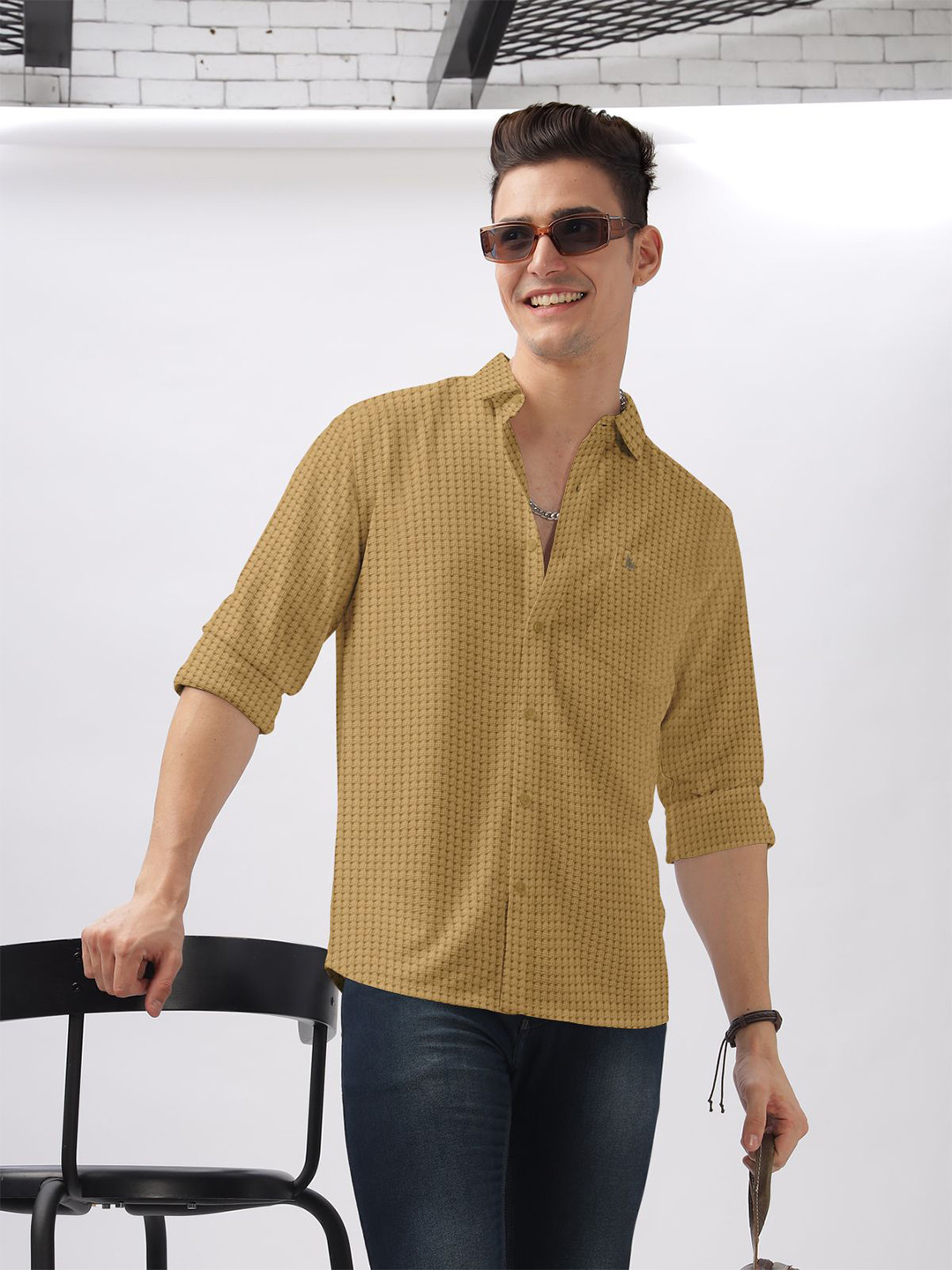 

BULLMER Men Mandarin Collar Self Design Cotton Casual Shirt, Yellow