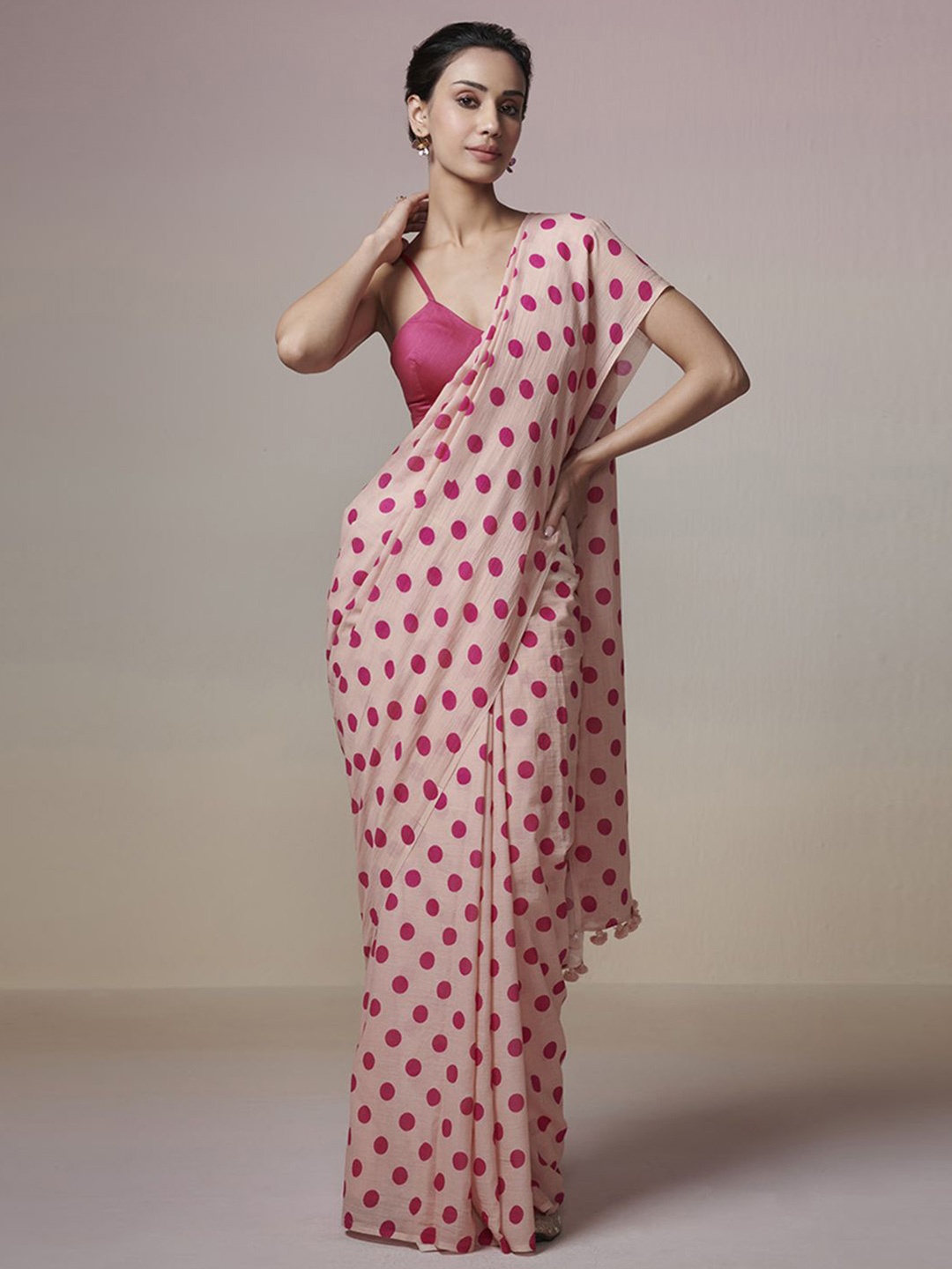 

DRESSFOLK Handloom Cotton peach saree with Pink polka dot saree