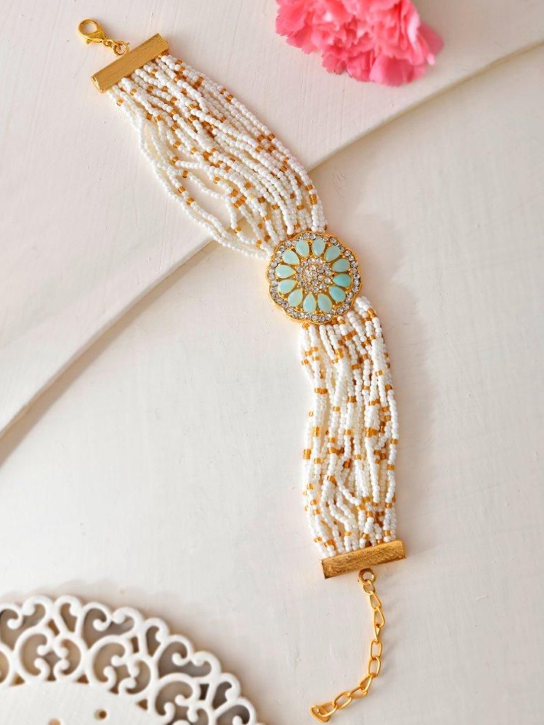 

VOJ Women Gold-Plated Stone Studded & Beaded Multistrand Bracelet