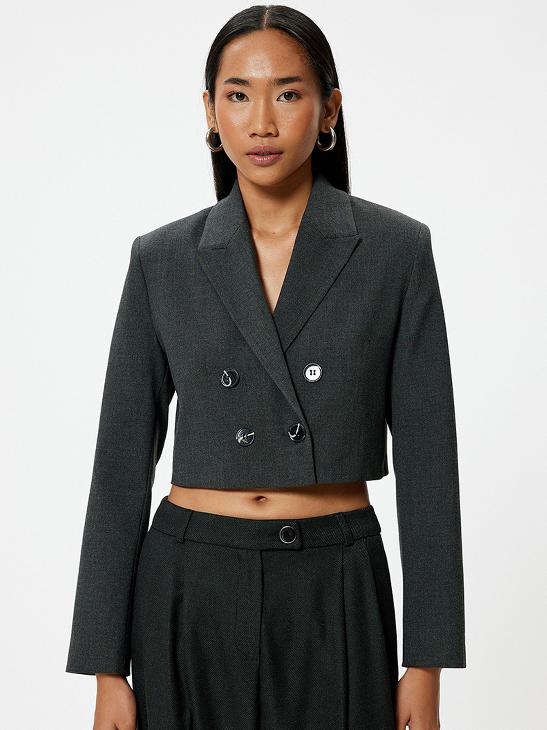 

Koton Notched Lapel Double-Breasted Cropped Formal Blazer, Grey melange