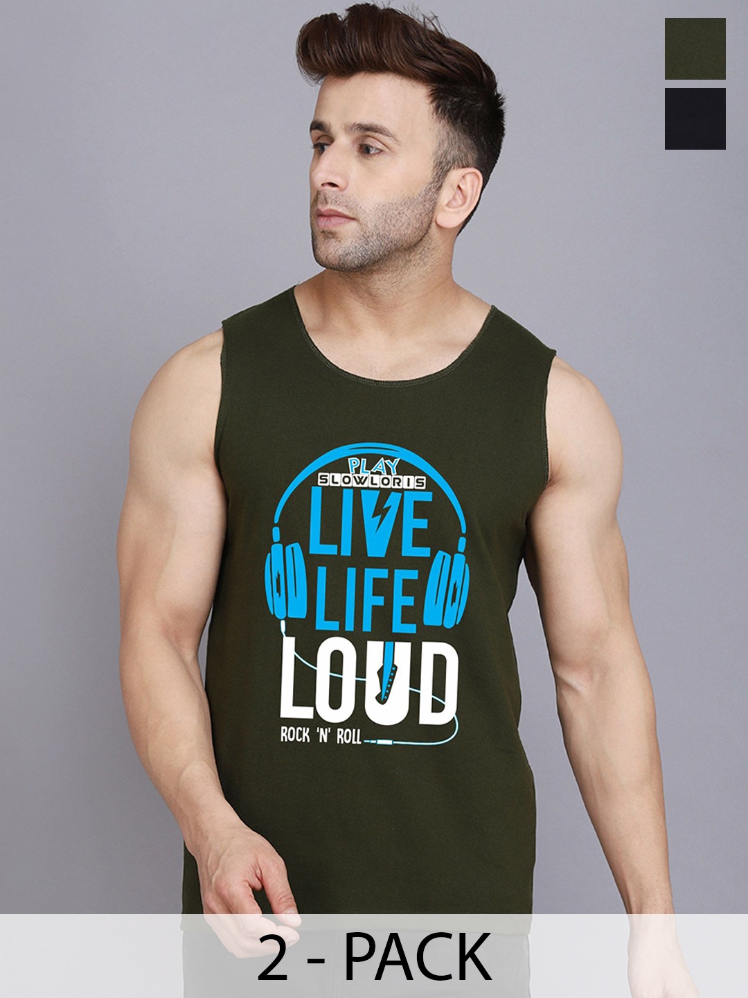 

SLOWLORIS Pack Of 2 Printed Gym Vests, Olive