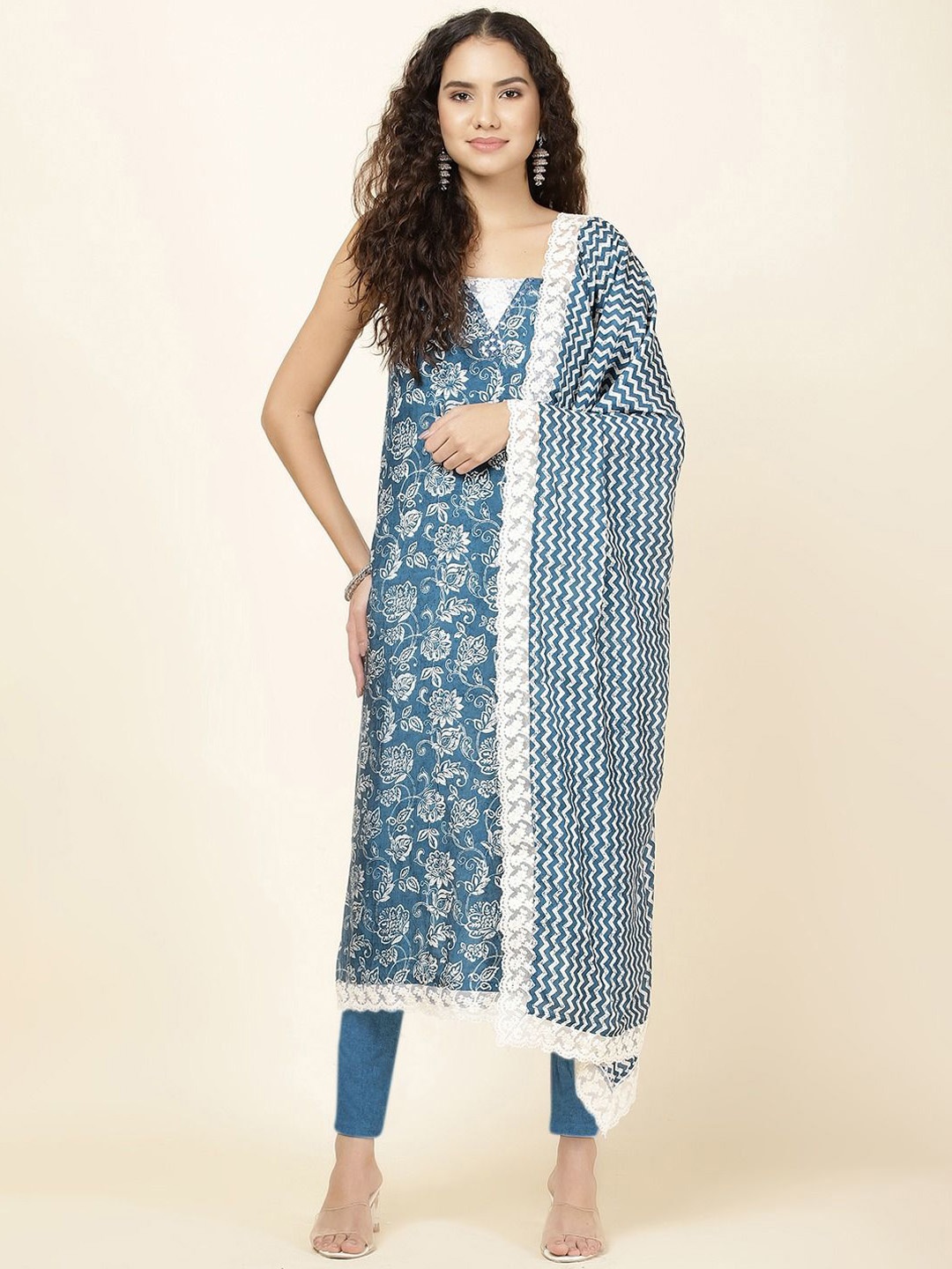 

Meena Bazaar Floral Printed Unstitched Dress Material, Blue