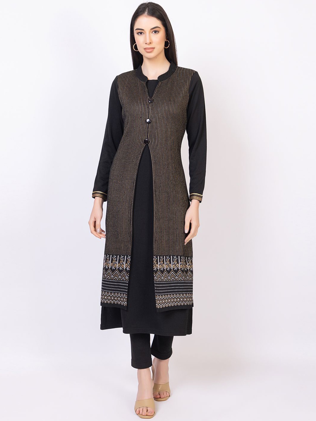 

Anouk Black Floral Printed Mandarin Collar Jacquard Winter Wear Straight Kurta With Trousers