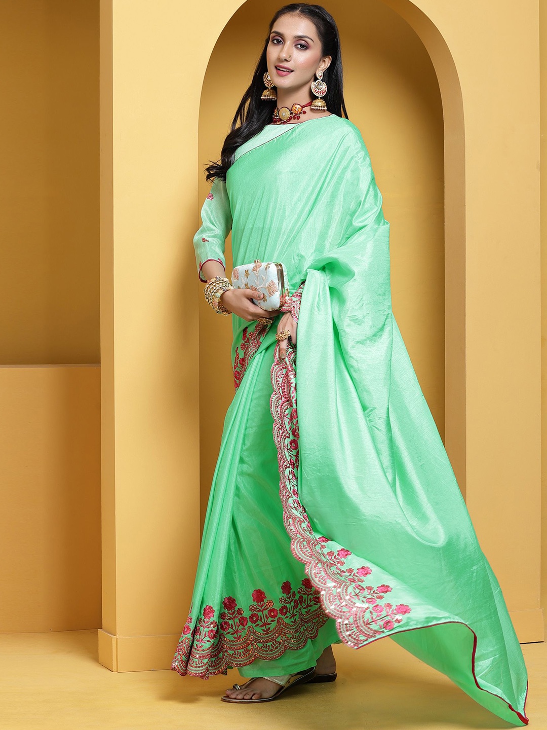 

KULNAARI Embroidered Saree, Teal