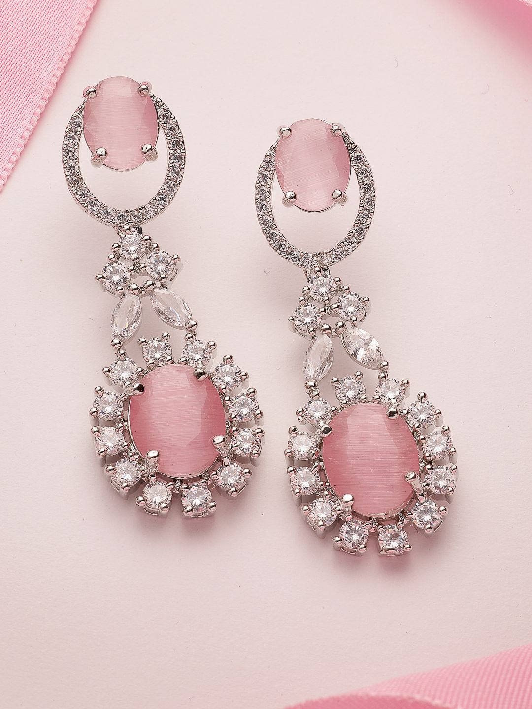 

ADIVA Silver-Plated AD Studded & Beaded Classic Drop Earrings