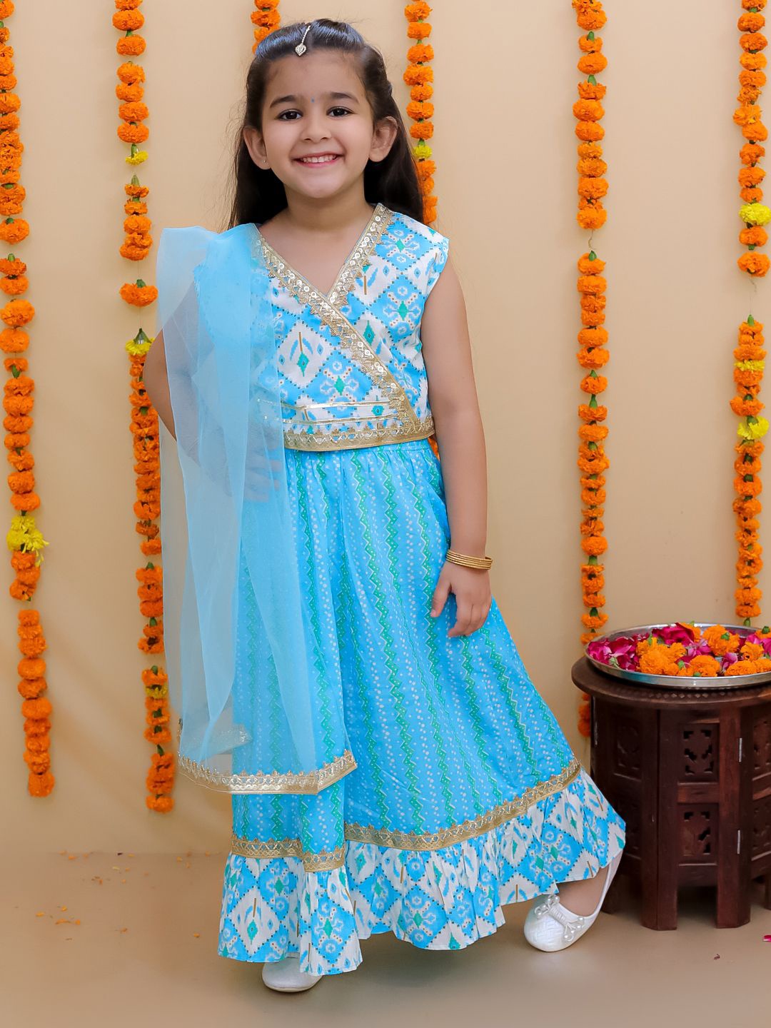 

JUNITOS Girls Ethnic Motifs Printed Ready to Wear Cotton Lehenga & Blouse With Dupatta, Blue