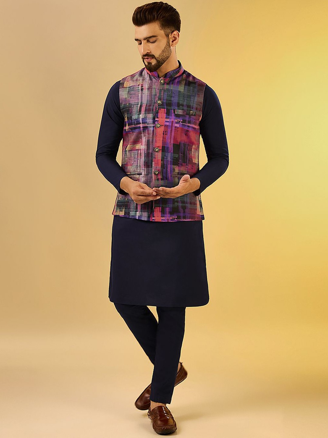 

Anouk Navy Blue Mandarin Collar Straight Kurta With Trouser & Nehru Jacket