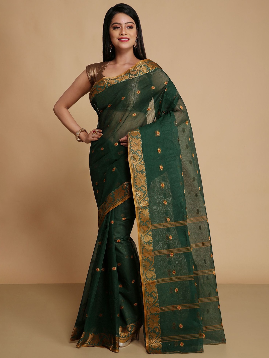 

WoodenTant Ethnic Motifs Zari Pure Cotton Taant Saree, Green
