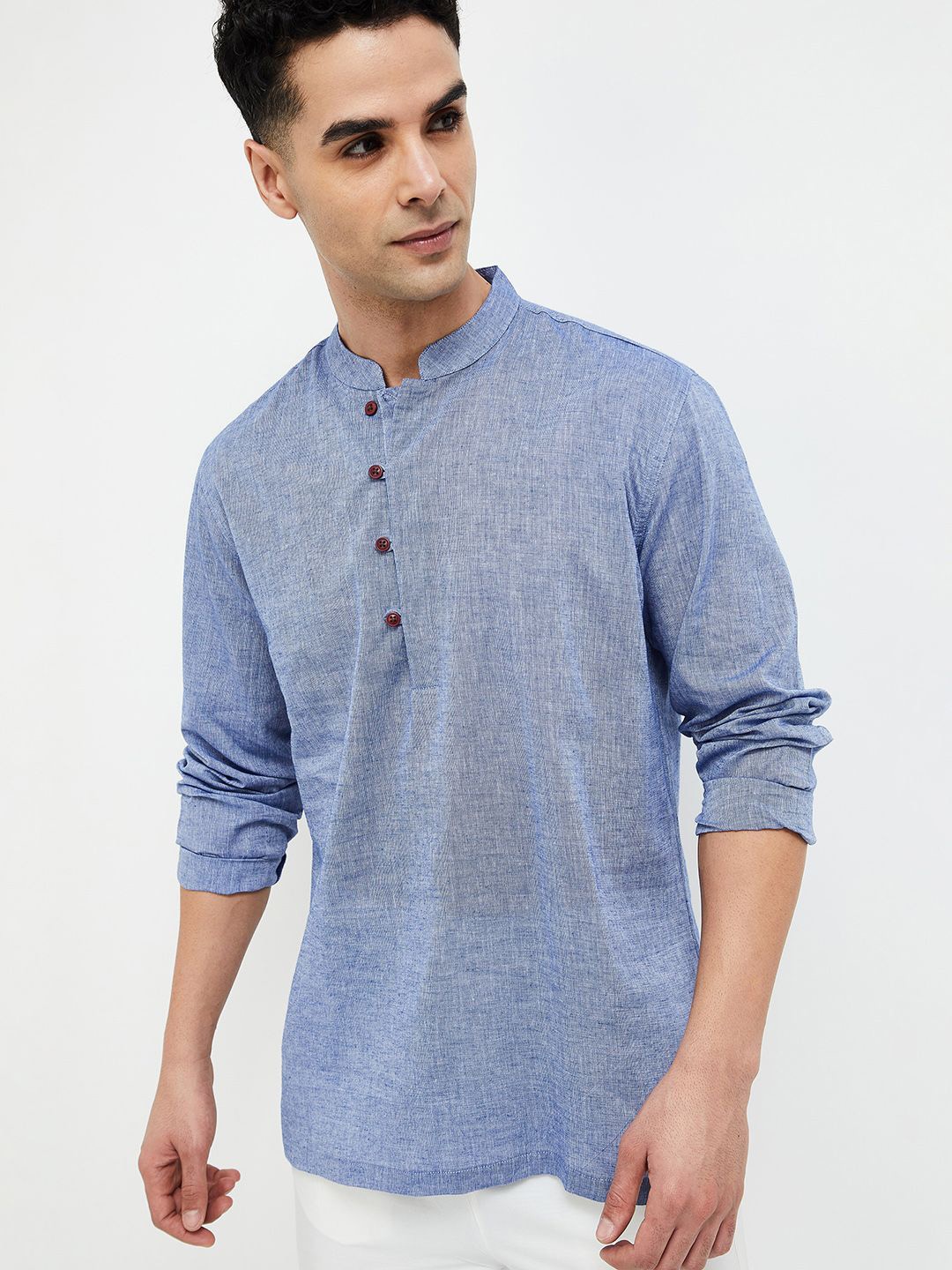 

Melange by Lifestyle Mandarin Collar Long Sleeves Cotton Short Kurta, Blue