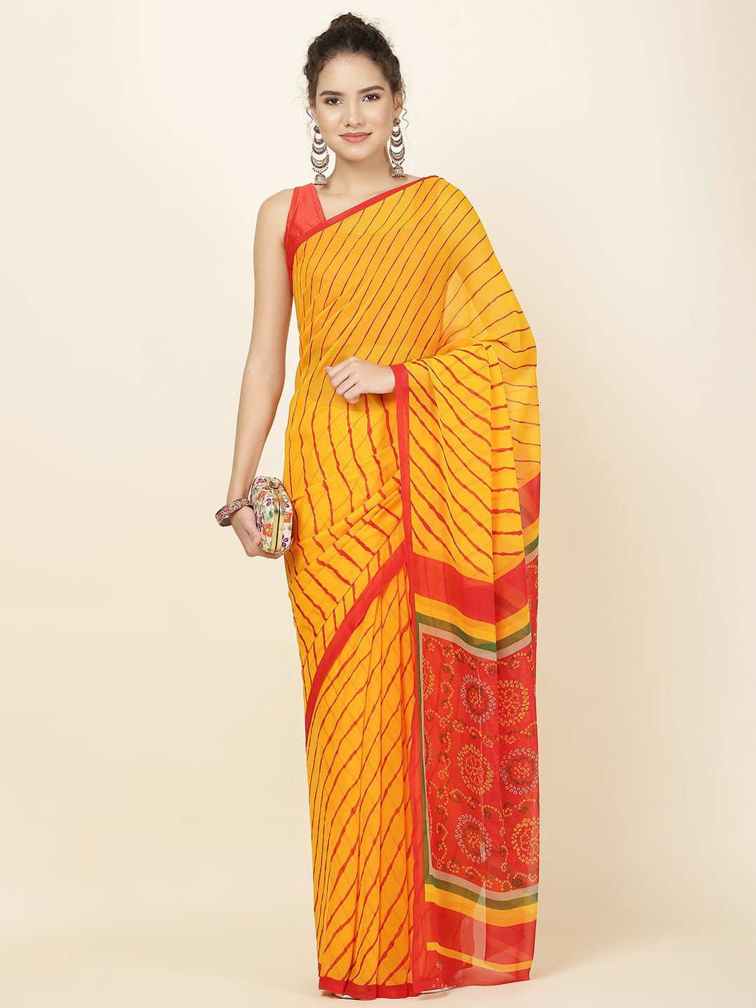 

Meena Bazaar Striped Poly Georgette Saree, Mustard