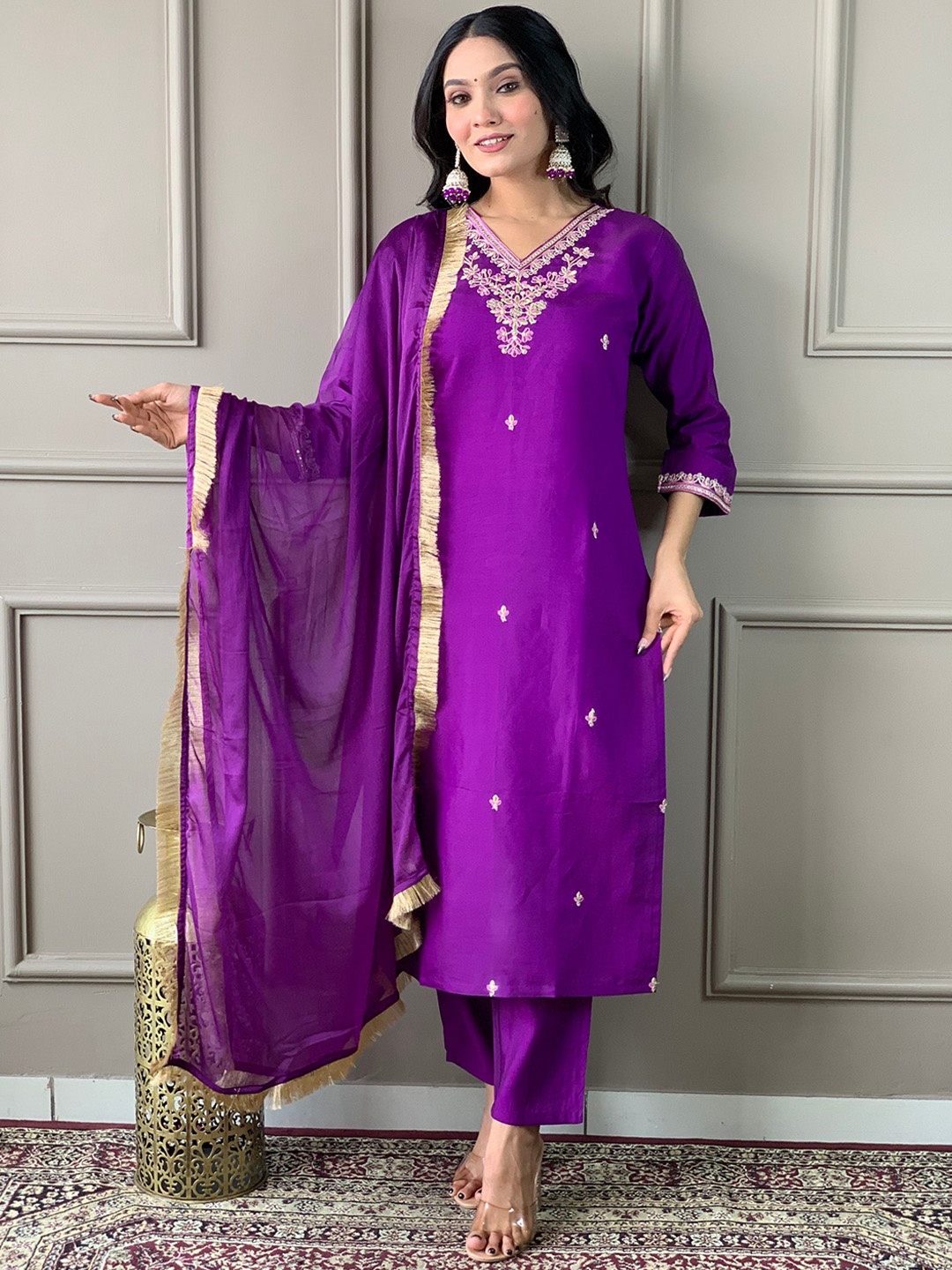 

KALINI Floral Embroidered Sequinned Chanderi Silk Straight Kurta With Trousers & Dupatta, Purple