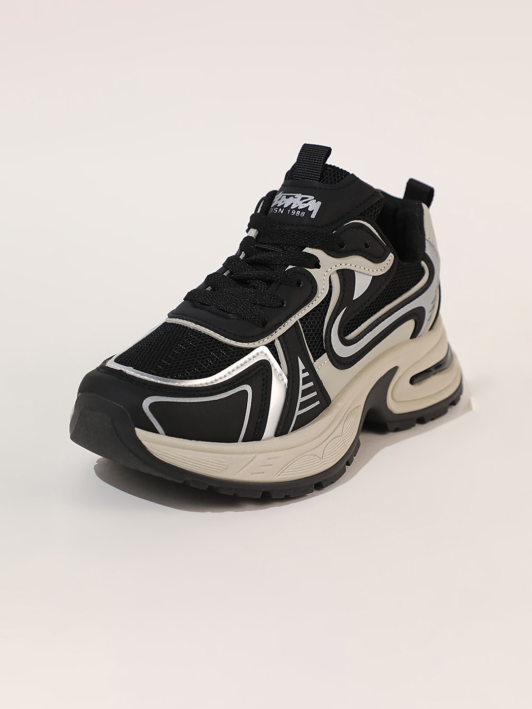 

LULU & SKY Women Colourblocked PU Lace-Up Sneakers, Black