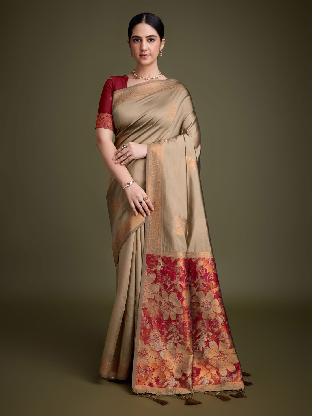 

Meena Bazaar Woven Design Art Silk Saree, Beige