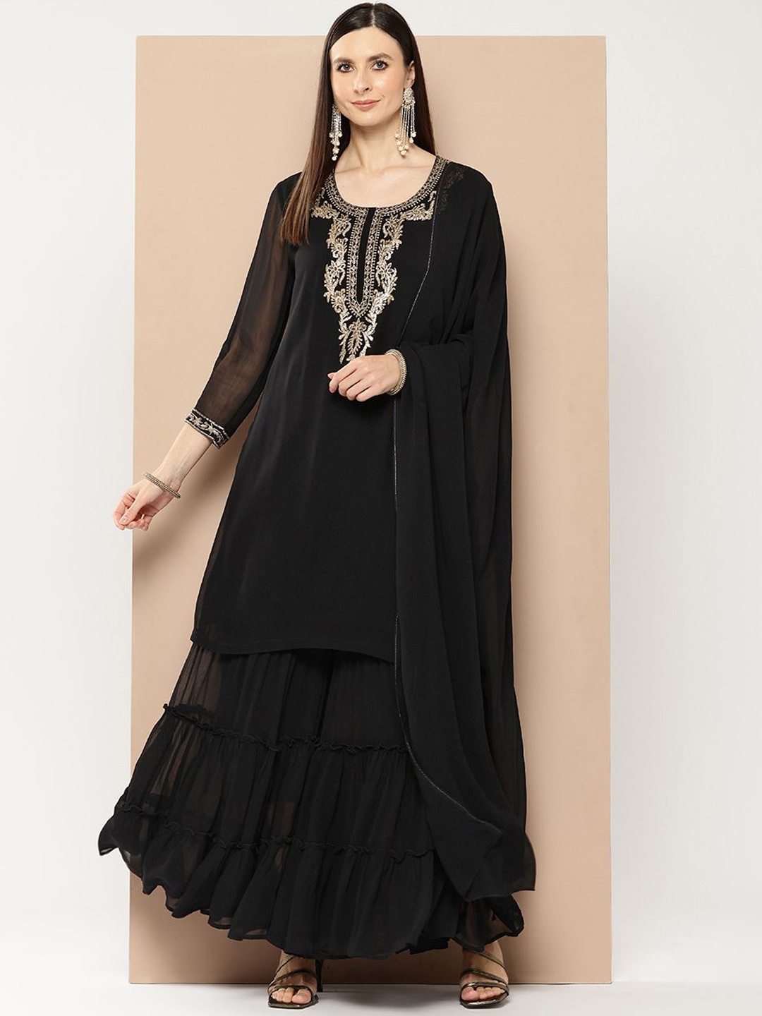 

WESTCLO Women Ethnic Motifs Embroidered Regular Kurti with Sharara & With Dupatta, Black