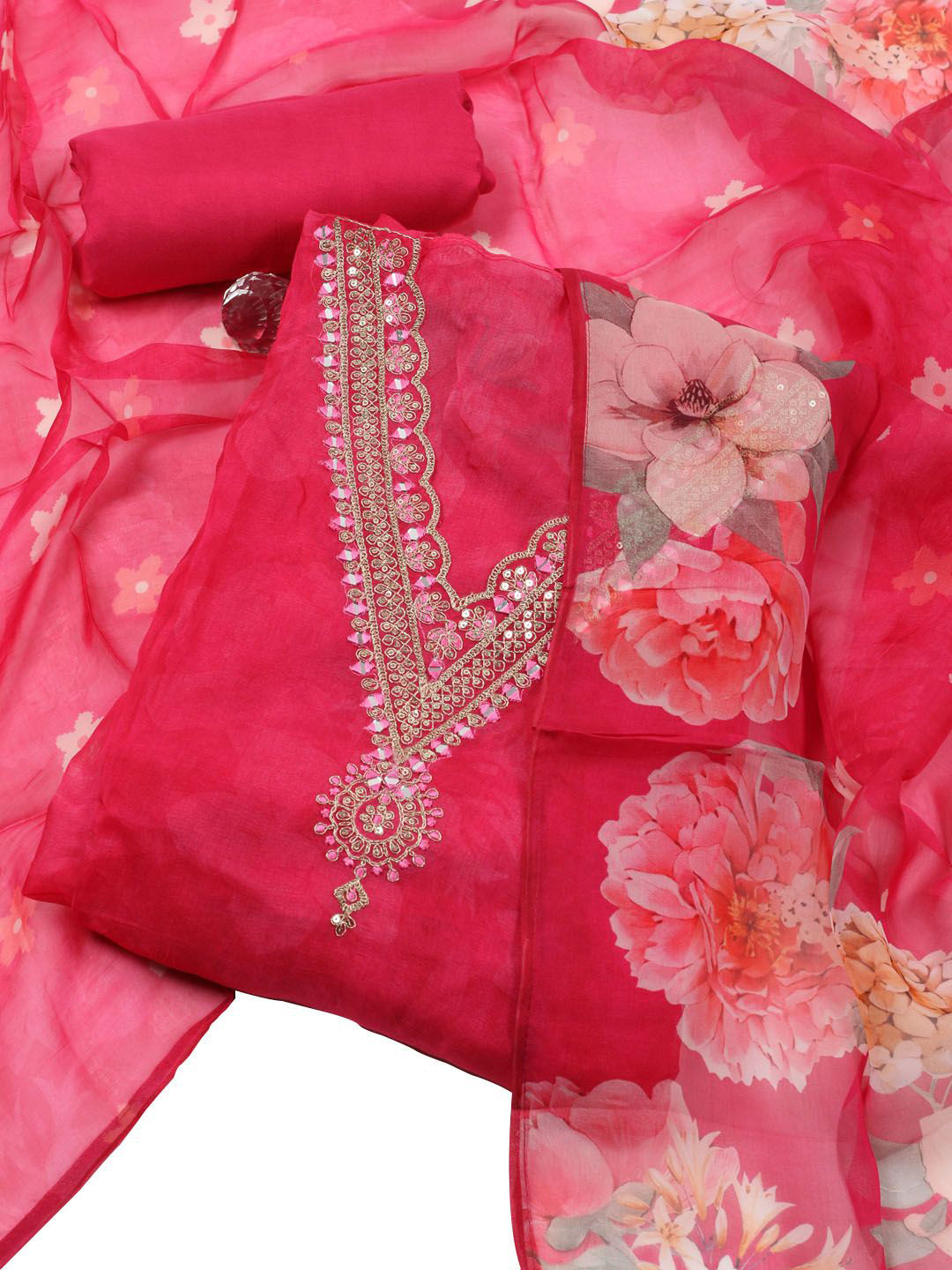 

Meena Bazaar Printed Organza Unstitched Dress Material, Pink