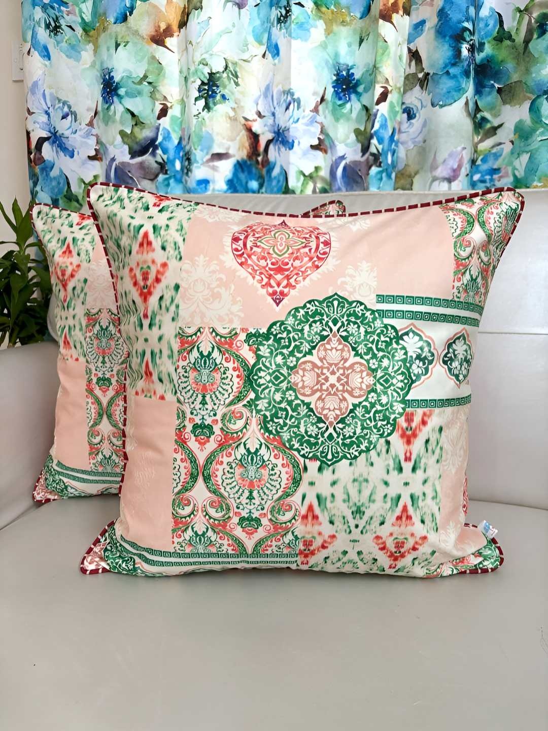 

TARA- Sparkling Homes Peach-Coloured & Green Set of 2 Ethnic Motifs Velvet Square Cushion Covers