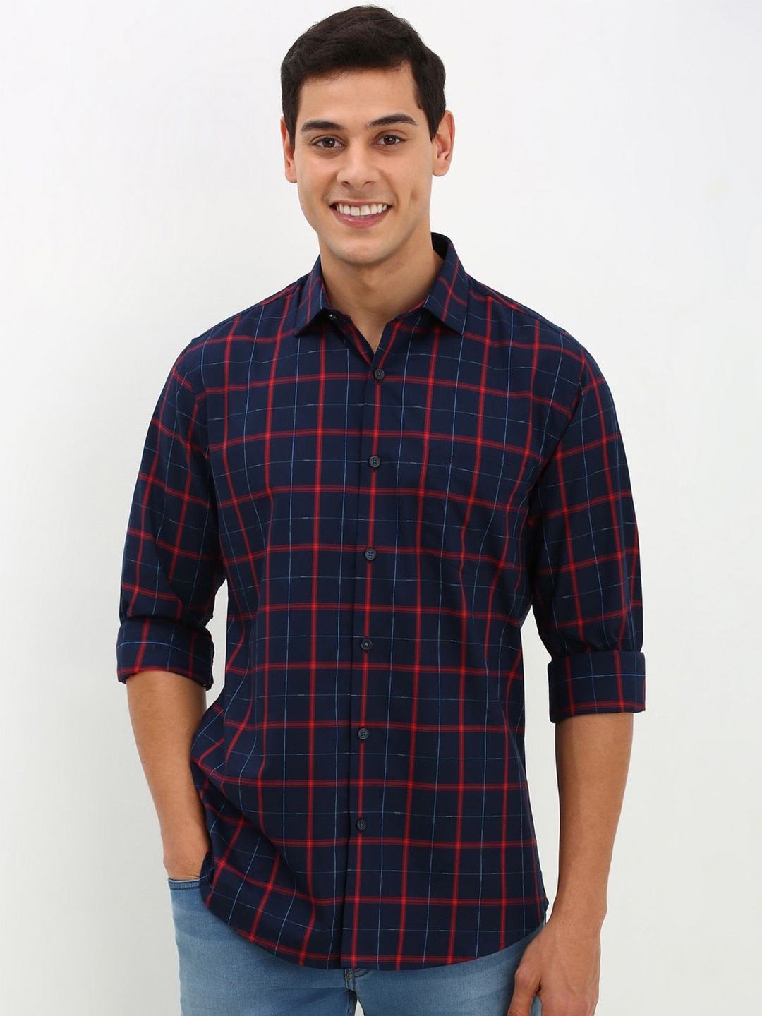 

Allen Solly Men Slim Fit Tartan Checks Opaque Checked Casual Pure Cotton Shirt, Navy blue