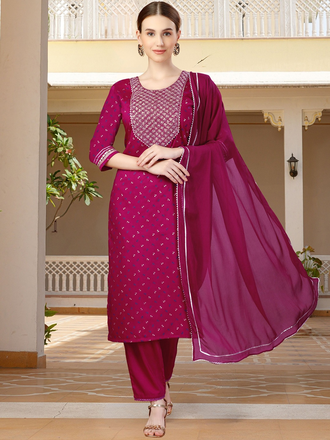 

MAGMINA Printed Sequinned Straight Kurta with Trousers & With Dupatta, Pink