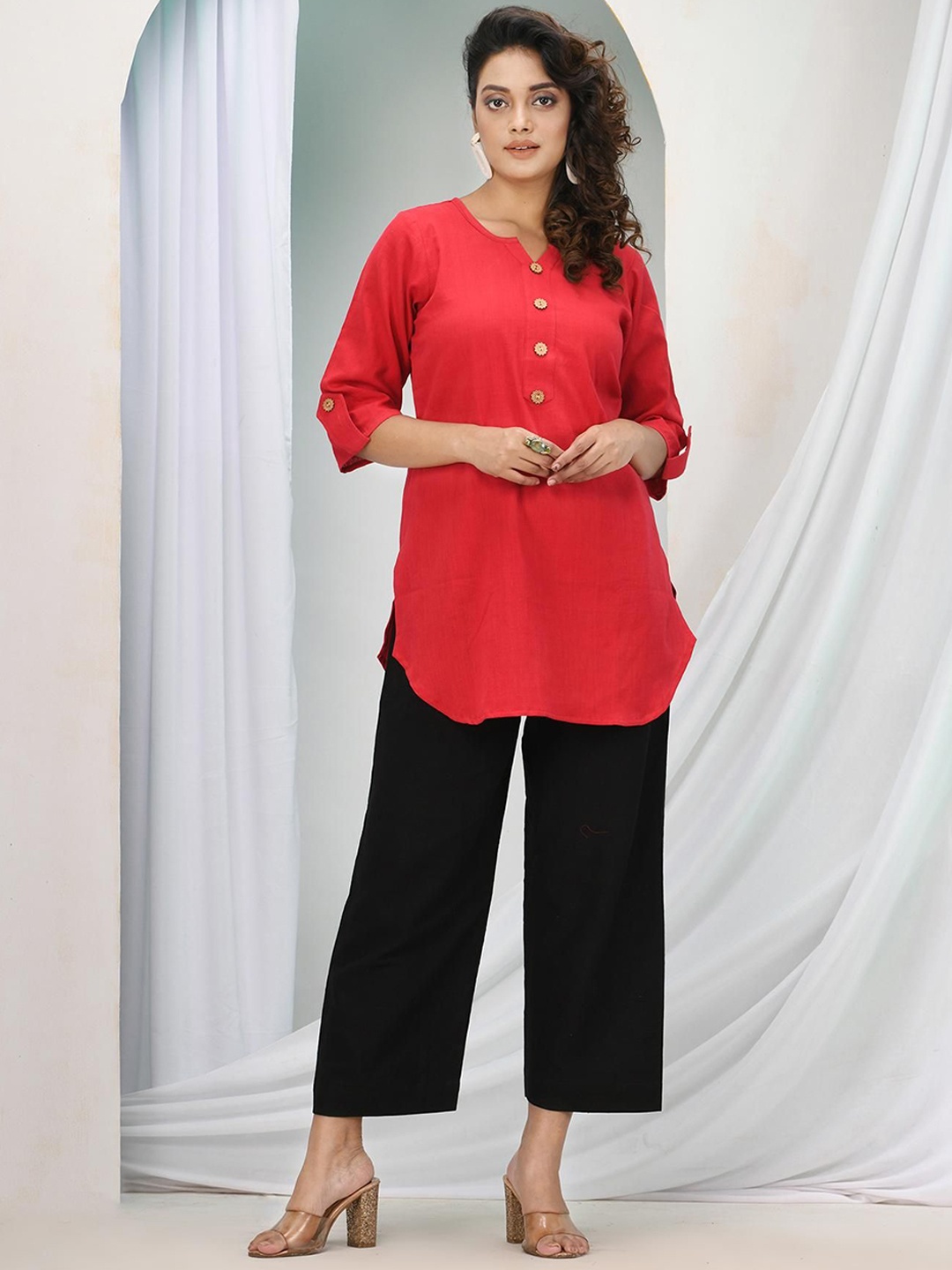 

Angoshobha Pure Cotton Tunic With Palazzo, Red