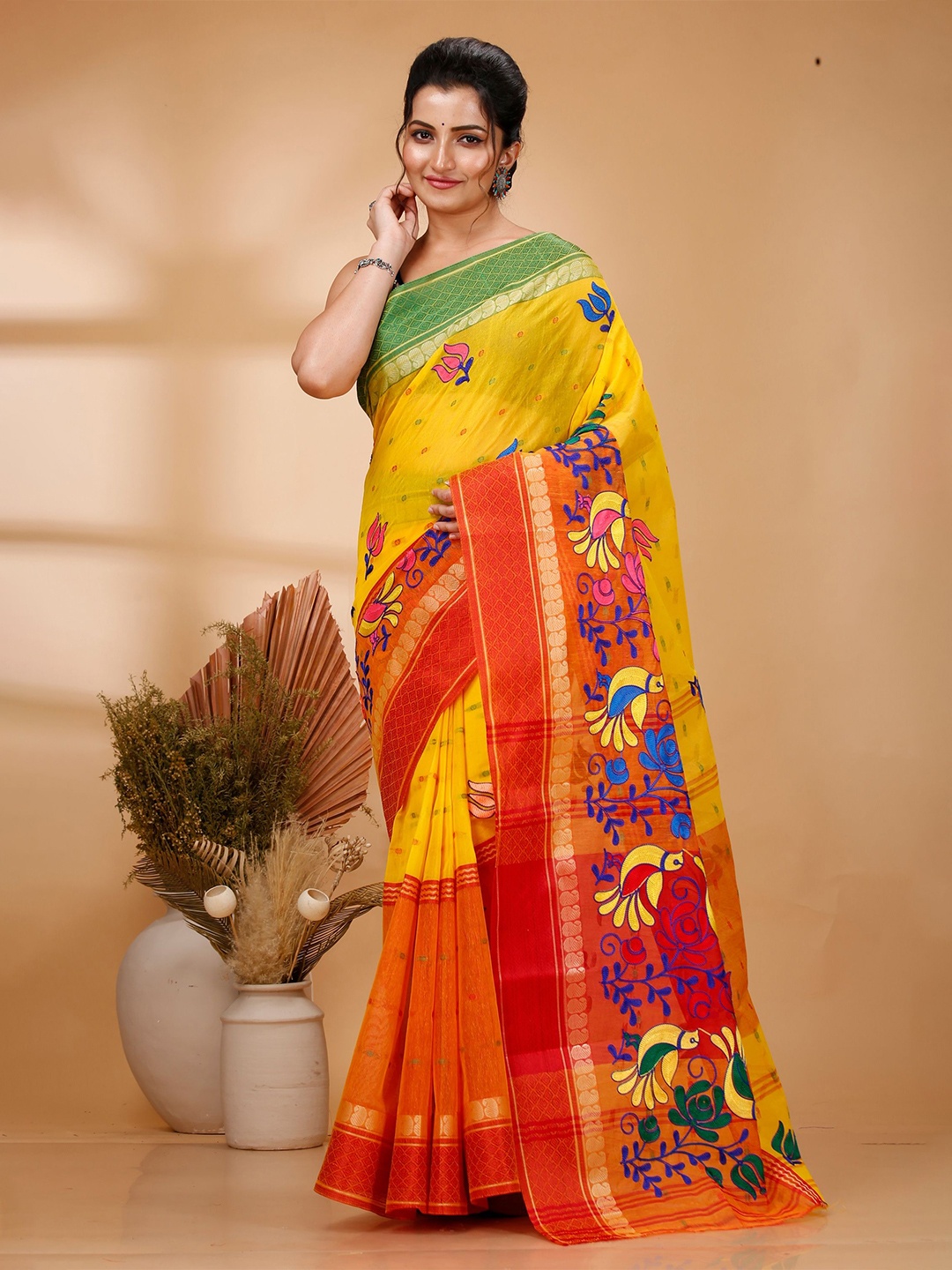 

PuJoy Woven Design Zari Pure Cotton Taant Saree, Yellow