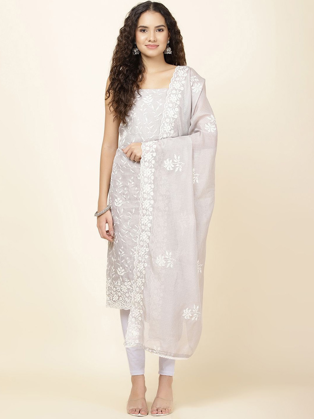 

Meena Bazaar Floral Embroidered Cotton Unstitched Dress Material, Grey