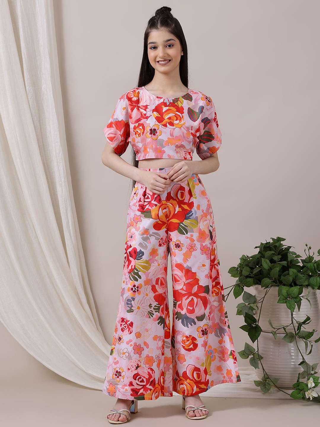 

Inddus Girls Printed Top With Palazzos, Pink