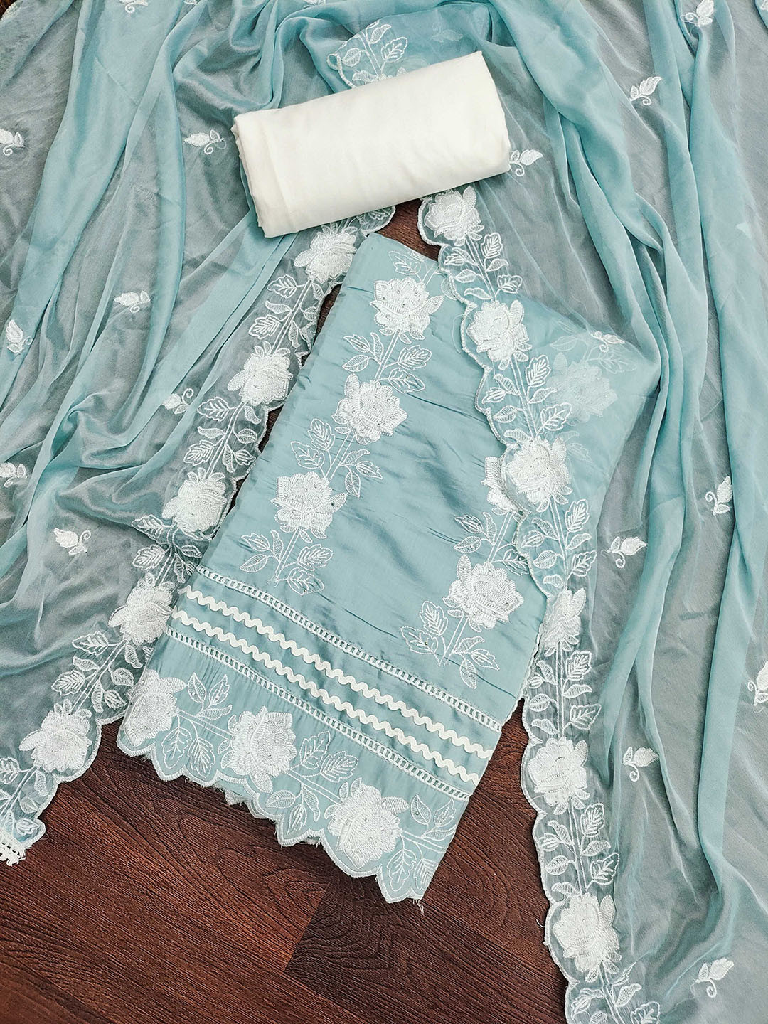 

MANVAA Floral Embroidered Beads & Stones Unstitched Dress Material, Teal