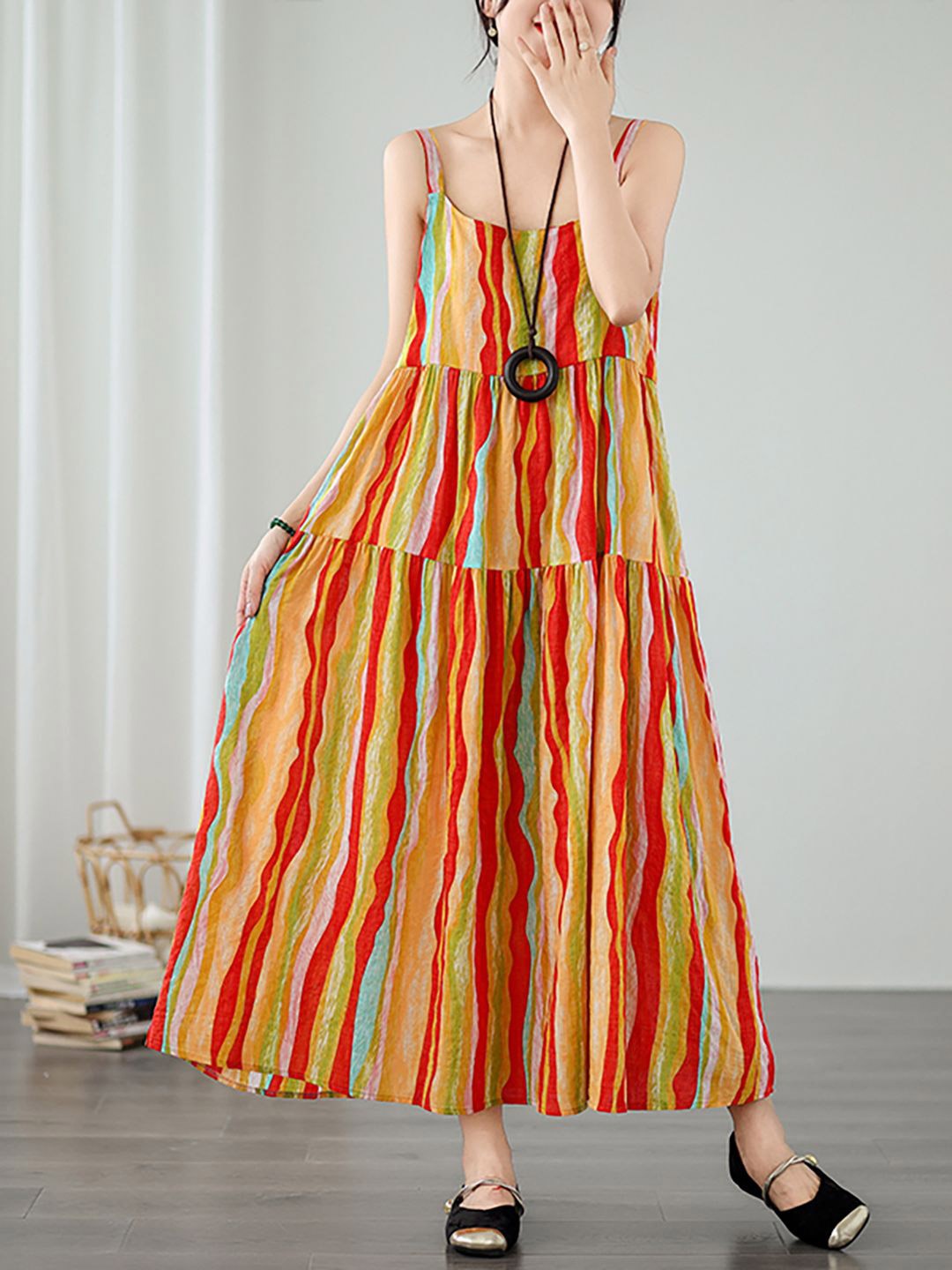 

JC Mode Striped Printed Shoulder Straps A-Line Maxi Dress, Red