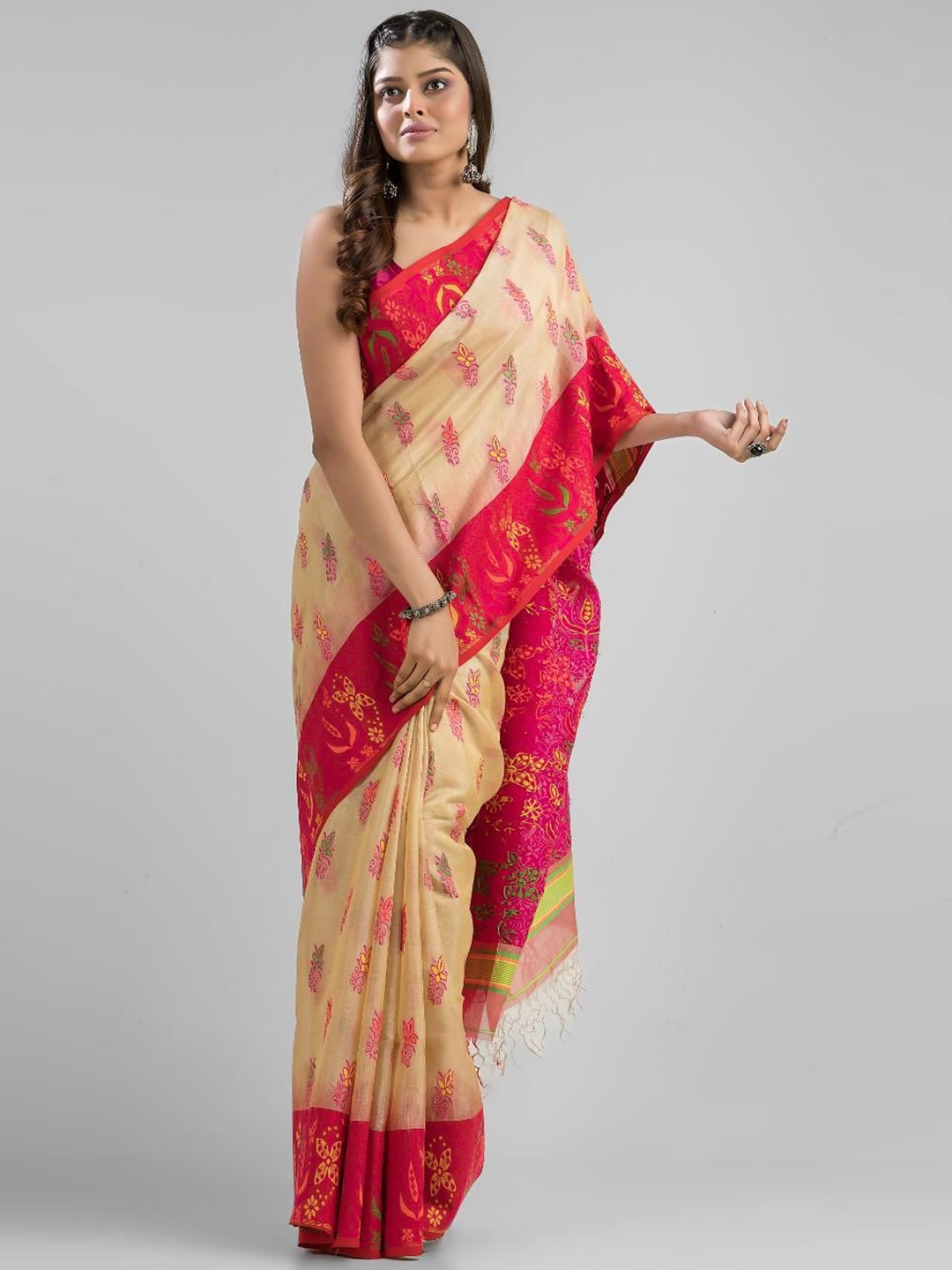 

SAJASAJO Ethnic Motifs Pure Silk Saree, Beige