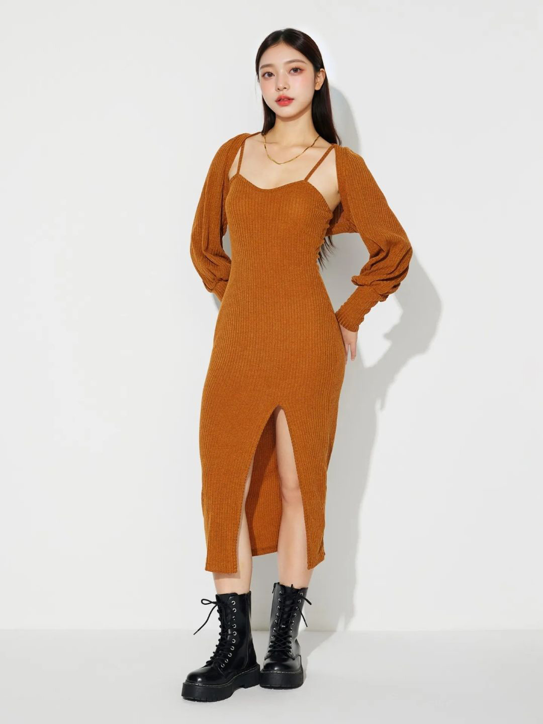 

StyleCast Ribbed Shoulder Straps Bodycon Midi Dress, Brown