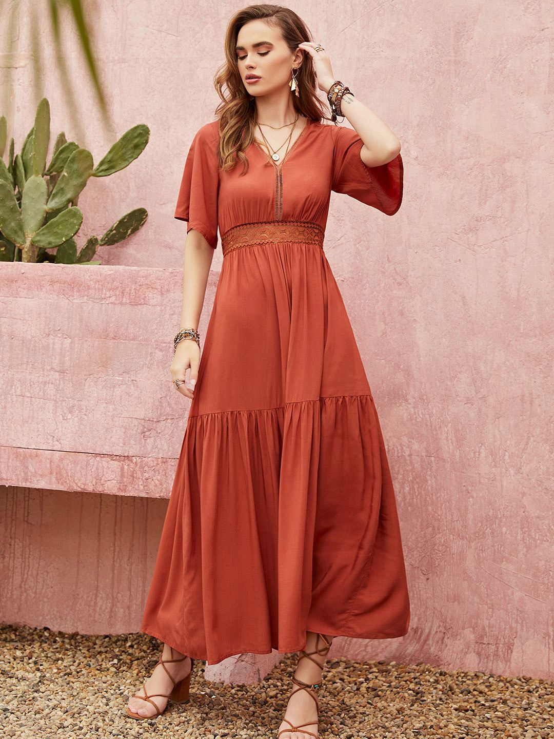 

JC Mode Flared Sleeve Fit and Flare Maxi Dress, Rust