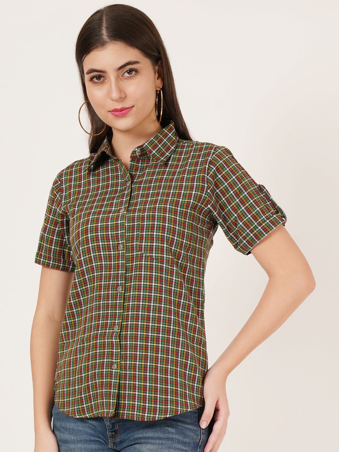 

Karmic Vision Women Original Spread Collar Checked Cotton Casual Shirt, Green