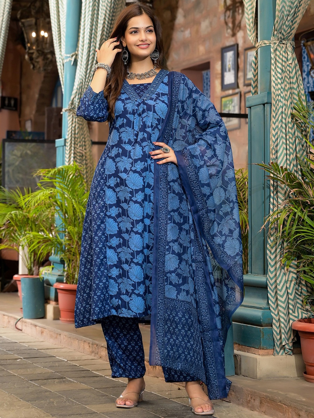 

KALINI Floral Printed A-Line Kurta with Trousers & Dupatta, Blue