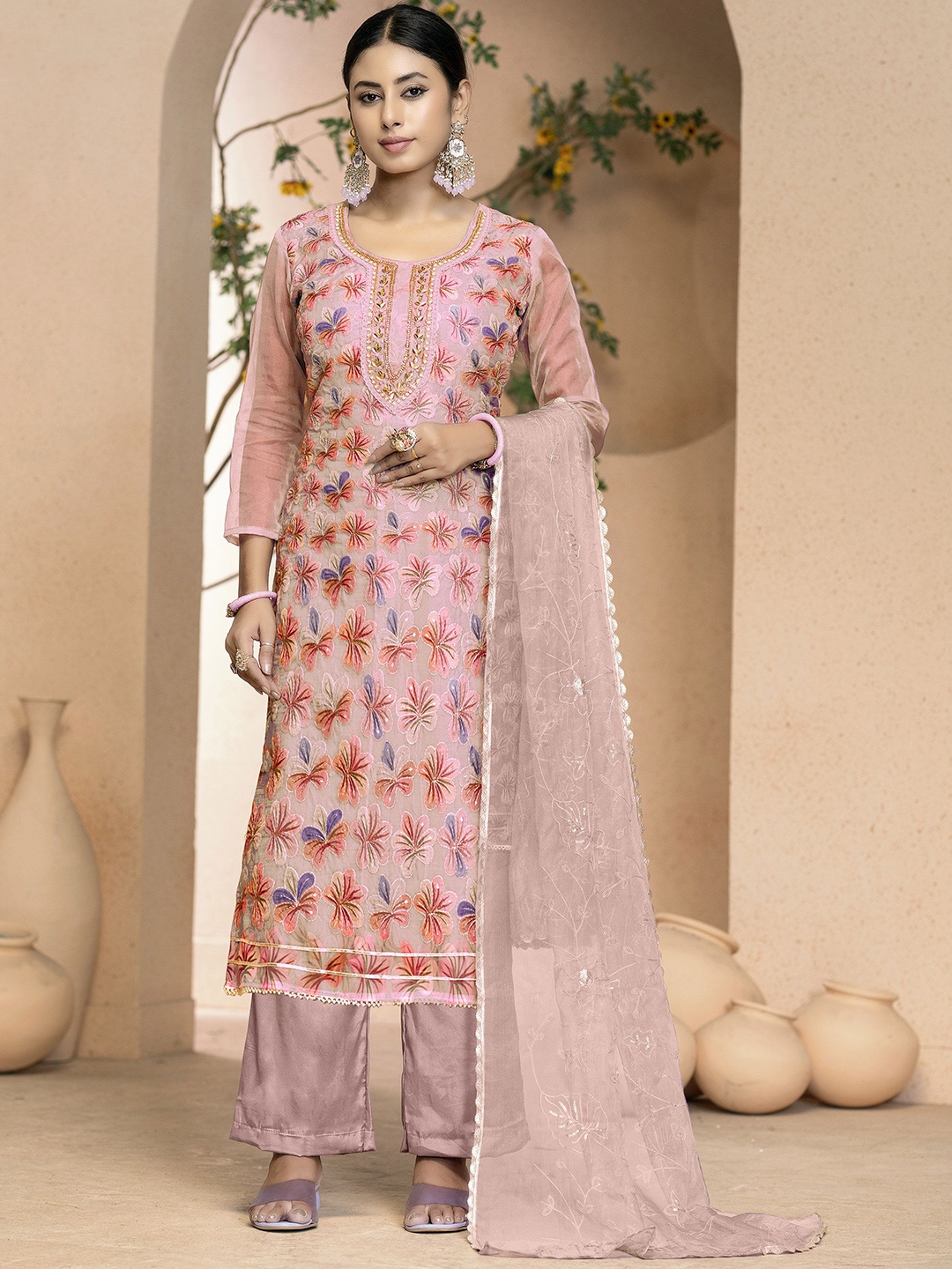 

MANVAA Floral Embroidered Sequinned Organza Unstitched Dress Material, Pink