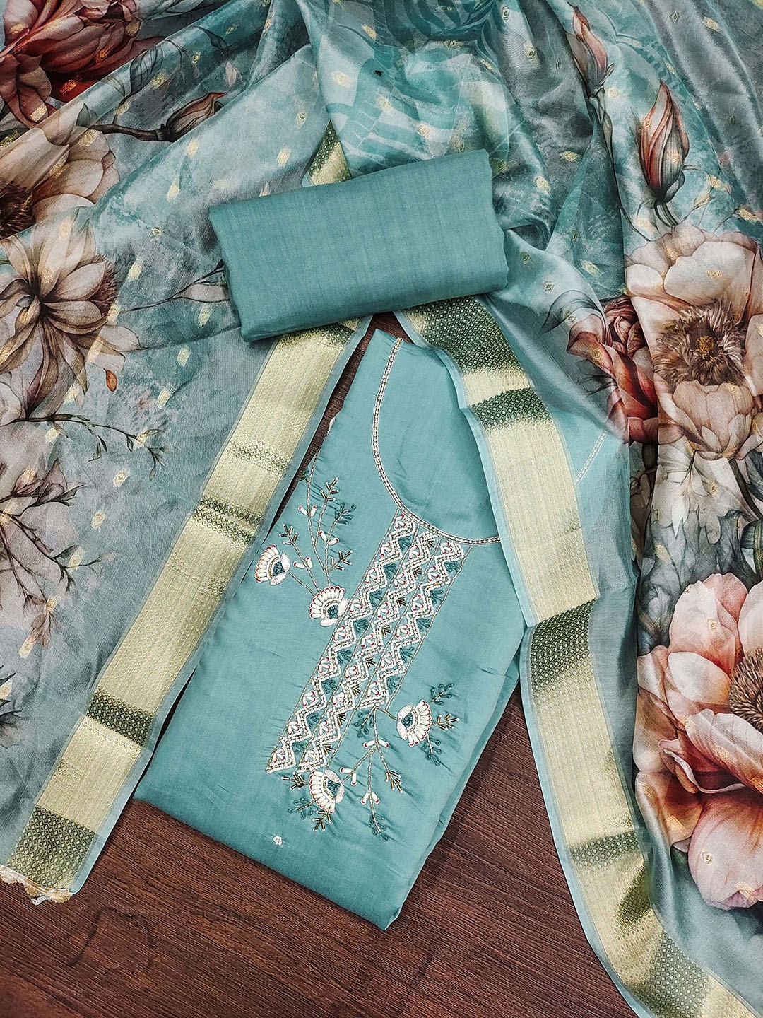 

MANVAA Floral Embellished Beads and Stones Unstitched Dress Material, Sea green