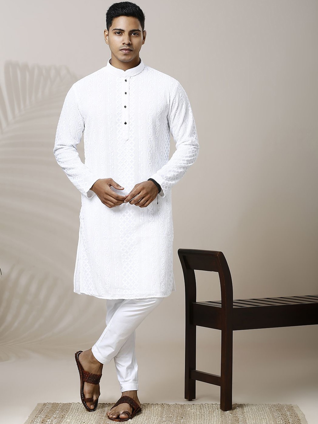 

Be Desi Paisley Embroidered Mandarin Collar Georgette Straight Kurta With Pyjama, White