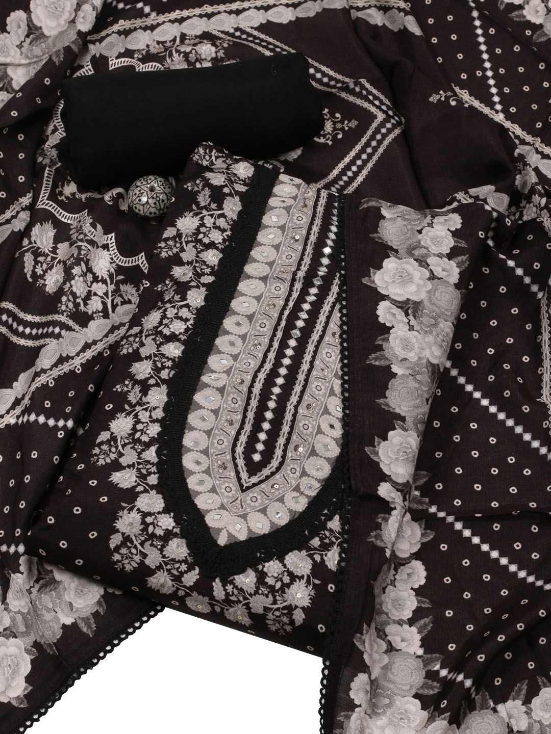 

Meena Bazaar Floral Printed Sequinned Unstitched Dress Material, Black