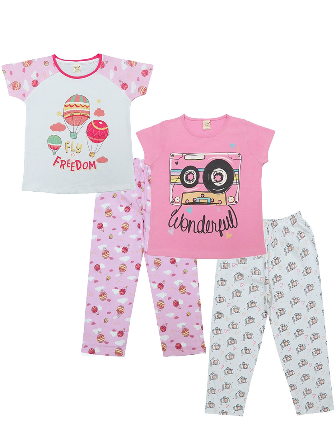 

Clothe Funn Girls Pack of 2 Printed Pure Cotton T-shirt with Pyjamas, White