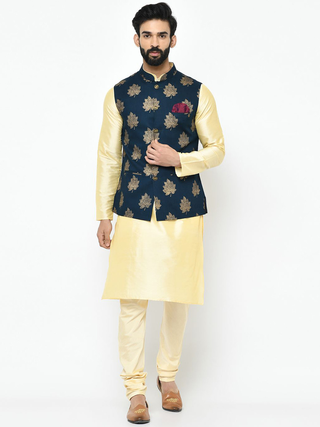 

Anouk Yellow Mandarin Collar Straight Kurta with Churidar & Printed Nehru jacket
