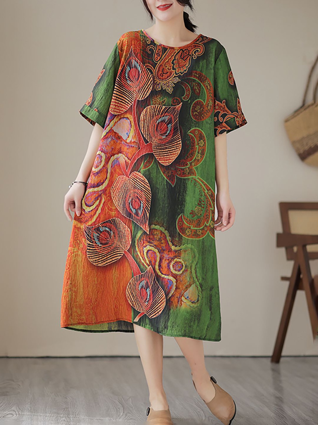 

JC Mode Printed Short Sleeves A-Line Midi Dress, Green