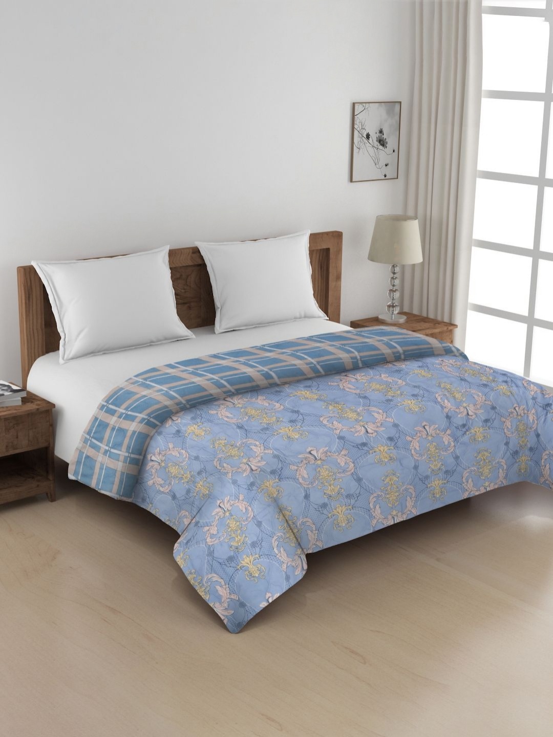 

KLOTTHE Blue & White Floral Printed Microfibre 350 GSM AC Room Double Bed Comforter