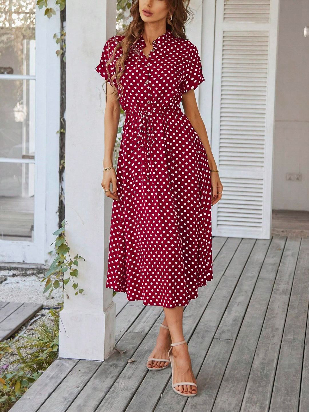 

StyleCast Polka Dot Printed A-Line Midi Dress, Burgundy