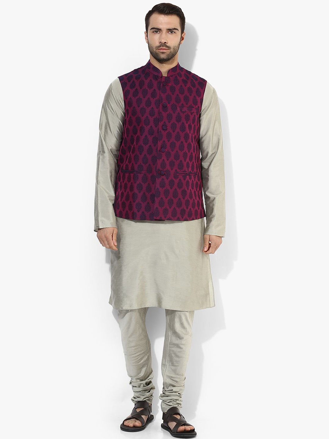 

Anouk Mandarin Collar Ethnic Motifs Regular Straight Kurta with Churidar, Purple