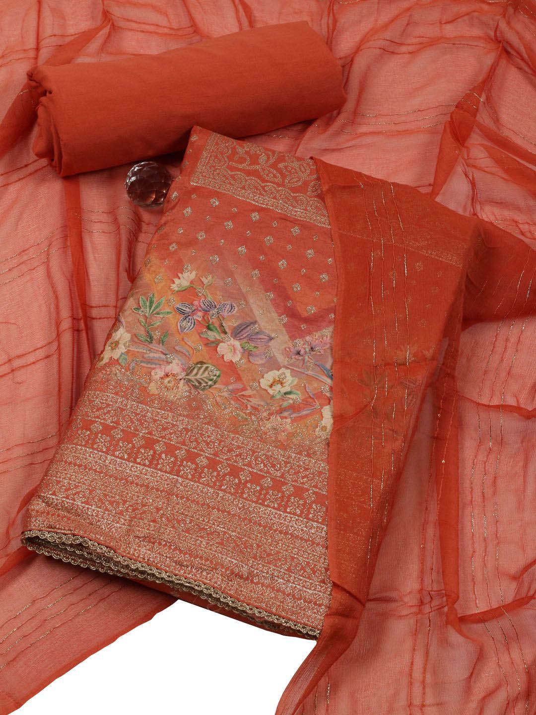 

Meena Bazaar Art Silk Unstitched Dress Material, Rust