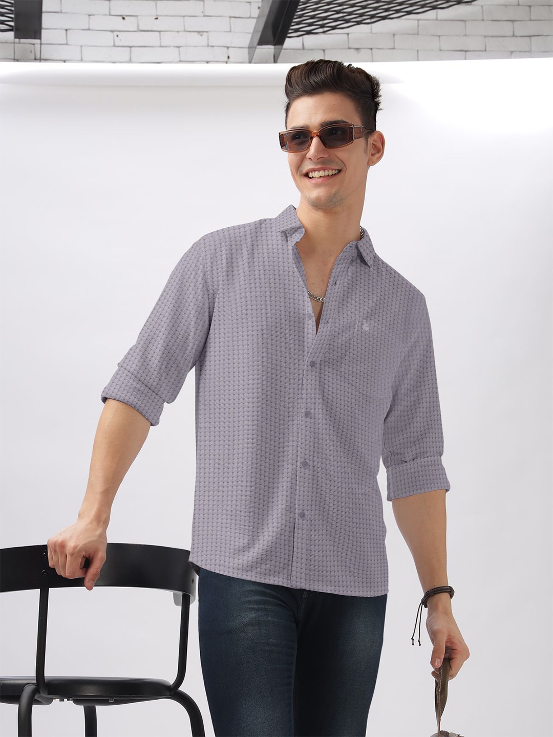 

BULLMER Men Spread Collar Self Design Cotton Casual Shirt, Lavender